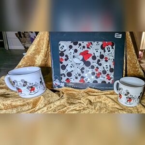 NWT Two Disney Mickey Mouse Mugs and Glass Cutting Board Set - Red, Black, White
